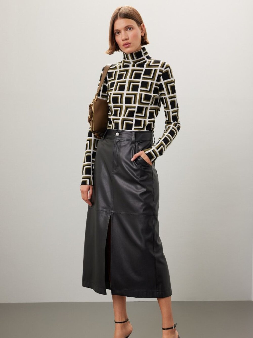 Saunders Collective x RTR‎ Black Faux Leather Midi Skirt Size 6